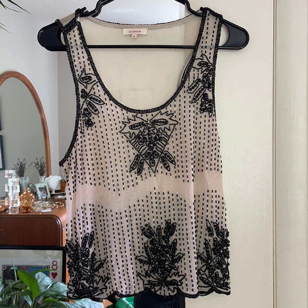 Sundance sheer mesh beaded tank blouse